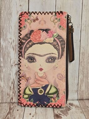 Frida Kahlo Inspired Faux Leather Wristlet Wallet Floral Zip Clutch
